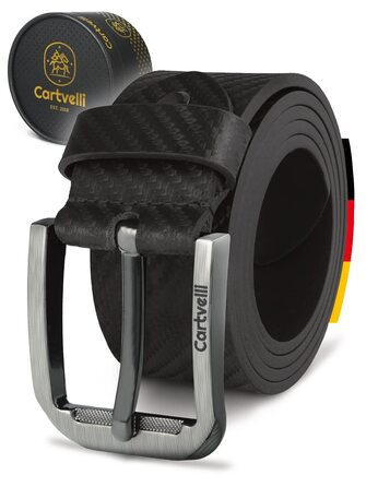 Шкіряний ремінь чоловічий Premium Carbon (40мм, 130см) — натуральна шкіра, чорний, Made in Germany, у подарунковій коробці