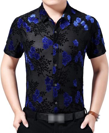 Чоловіча прозора сорочка з квітковим принтом, флісова, для клубу, весна, короткі рукави, обтислий крій (EU M 72-77KG TX, Синій)