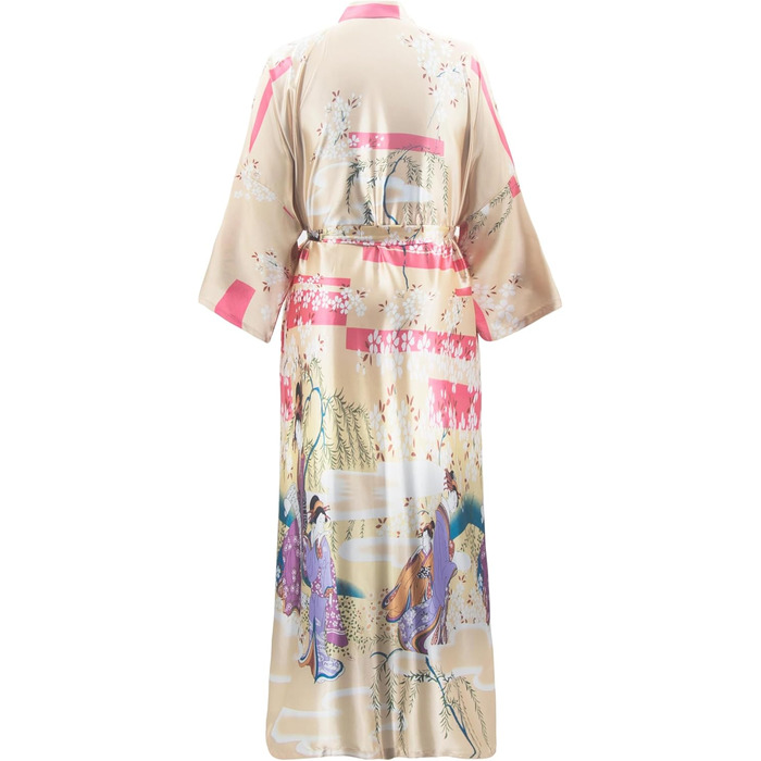 Халат кімоно для жінок, великі розміри, сатин, легкий, японський стиль, плюс сайз, халат для ванни, юката (Sakura Ukiyoe Champagne, XXL)