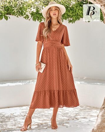 Сукня літня жіноча BebreezChic Boho елегантна довга з V-вирізом, висока талія, швейцарська сітка, з квітковим принтом, пляжна максі-сукня XL карамельного кольору