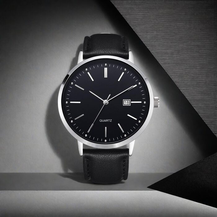 Чоловічий класичний годинник NUOVO з шкіряним ремінцем, кварцовий механізм, бізнес-стиль, мінімалістичний дизайн з відображенням дати (чорний)