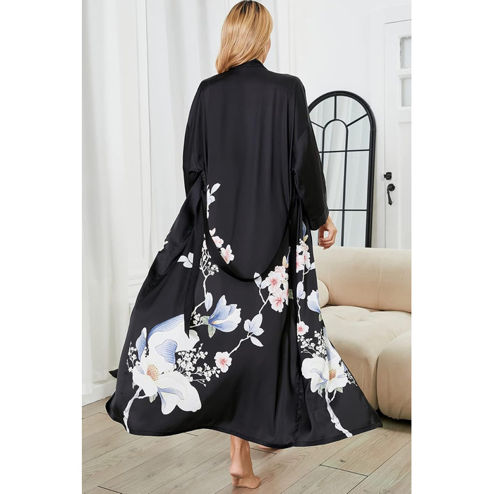 Жіночий шовковий халат-кімоно Moreone з квітковим принтом, довгий, атласний, для нареченої та дружок, нічна сорочка (Чорний, 6)