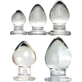 Скляний анальний плаг ScreaAss, 5 розмірів (32/40/45/55/65 мм), набір, прозорий. Іграшки для дорослих для жінок та чоловіків.