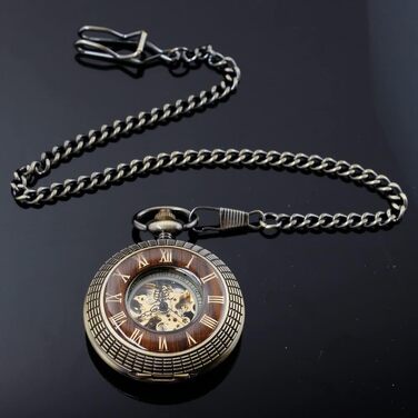 Скелетон кишеньковий механічний годинник Tiong Vintage Steampunk з ланцюжком, римські цифри, бронзовий колір (у подарунковій коробці)