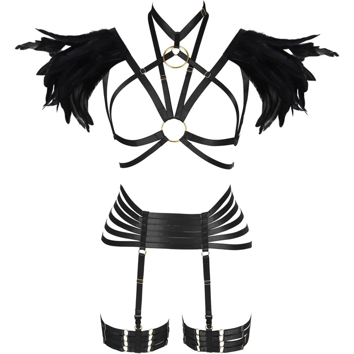 Набір пір'я для жінок PETMHS: корсет, бюстгальтер, клітка, готичний стиль, карнавал, фестувал, костюм (чорний, довгий)