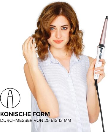 Конічний плойка для волосся Bellissima Iconic Curls з керамічним покриттям, діаметр 13-25 мм, регулювання температури 150-210°C, біла