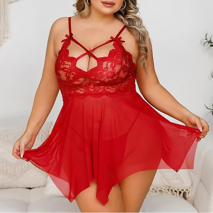Сексуальна нічна сорочка з мереживом KNDSSMY для жінок, прозора бабідол, нічна сорочка з мережива, великі розміри, танга, червоний XXL