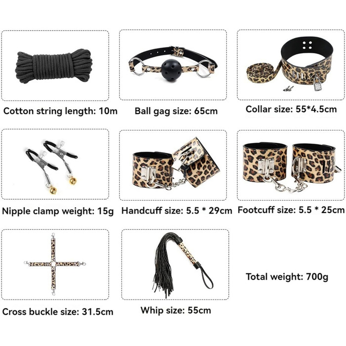 Набір для БДСМ з екошкіри Leopard Print (8 предметів): наручники, пітч, обручі, мотузка, ніпель-кліпси