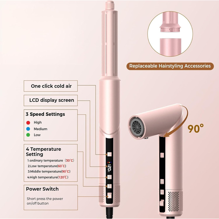 Набір стайлер для волосся 7 в 1 Atopskins Airstyler Pro: фен з дифузором, круглі щітки, випрямляч та плойка для beach waves, Creamrosa