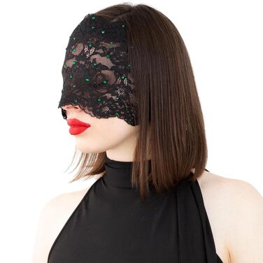 Маска для обличчя з мережива з чорного кольору з зеленими стразами, еластична мережива, атласна стрічка, маскарадний костюм чорного кольору (зелені стрази)