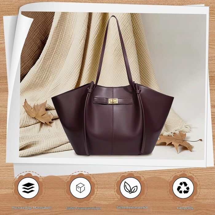 Жіноча сумка-шопер Tote Bag великого розміру, шкіряна сумка на плече з від’ємним ременем, вінтажна сумка для роботи, покупок та подорожей, винно-червона