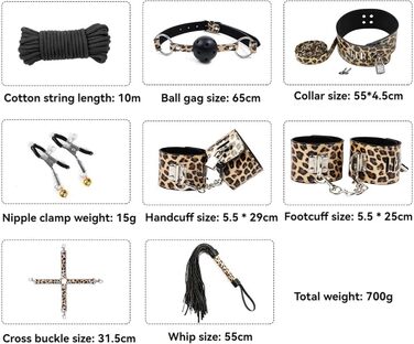 Набір для БДСМ з екошкіри Leopard Print (8 предметів): наручники, пітч, обручі, мотузка, ніпель-кліпси