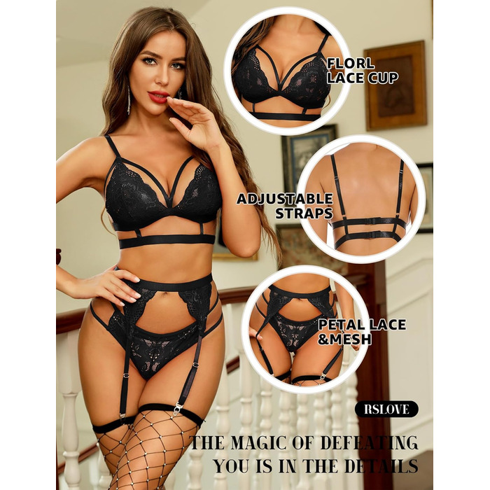 RSLOVE Комплект спідньої білизни для жінок: мереживний ті Body з глибоким вирізом, бюстгальтер та трусики, чорний