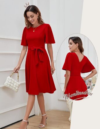 Елегантна жіноча сукня міді Bboninedress для коктейлів та вечірок, червона сукня з коротким рукавом та поясом для весіль та свят (XL, червоний)