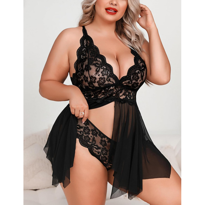 Боді з мереживом Aranmei для жінок великих розмірів, чорний, 4XL - сексуальна нічна сорочка, babydoll, відкритий крій