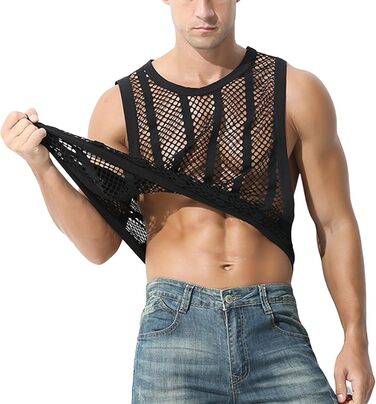 Чоловіча майка з сіткою, без рукавів, з принтом 'риба-сітка', прозора, чорна та біла (L)