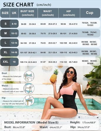 Одноцільний купальник Vancavoo з пуш-ап, корегуючий, з відкритим спиною, рюшами та V-подібним вирізом (M, Рожевий + Чорний)