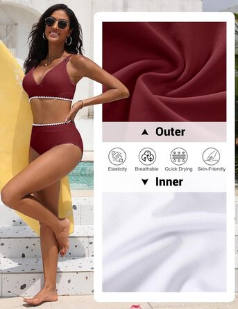 БІКІНІ ЖІНОЧИЙ ДВІ-ШТУЧКИ ПУШ-АП, ВИСОКА ТАЛІЯ, З БІЛИМ КРУЖИВОМ (БОРДОВИЙ, XL)