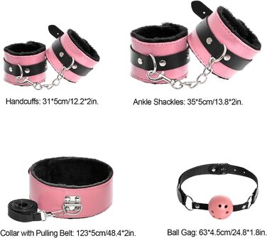 Набір для БДСМ зв'язування (12 предметів): наручники, фіксатори для щиколоток, анальний плагін, клямки для сосків, м'ячик-кнебель, перо-піксель, маска для очей, батіг, лопатка, бавовняне мотузка (рожевий та чорний)