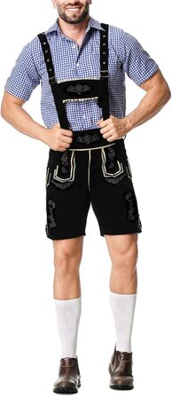 Традиційний костюм для чоловіків RUAOZIA: повний комплект Lederhose, сорочка в керамічну клітинку, для Октоберфесту та тематичних вечірок (чорний, L)