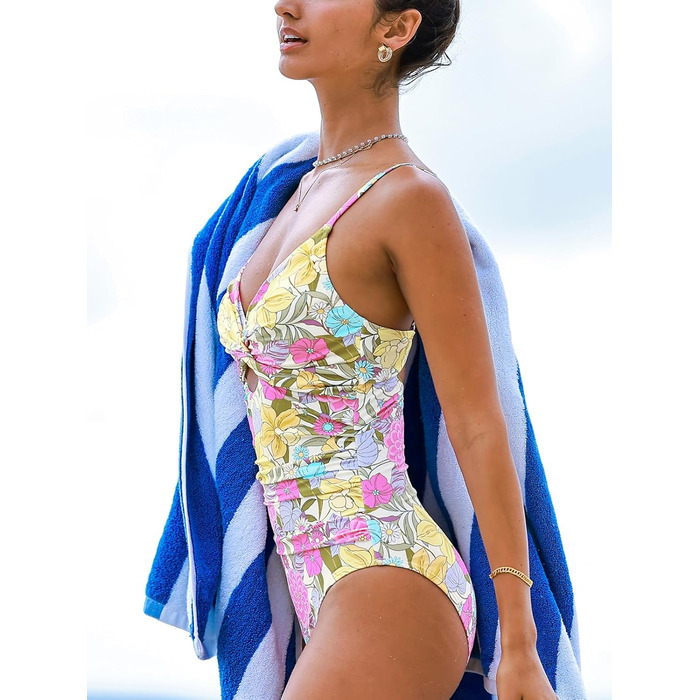 Купальник CUPSHE Daen з V-подібним вирізом, ефект зав'язування, корегуючий, з декоративними вирізами, суцільний (XS, жовтий/рожевий/квіти)