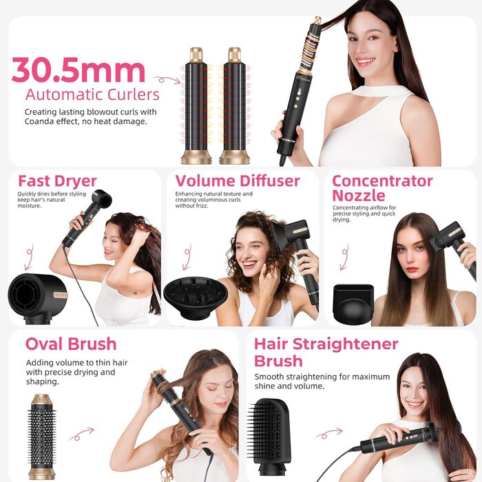 Мультифункціональний стайлер для волосся 7 в 1 Atopskins Airstyler Pro: фен з дифузором, круглі щітки, випрямляч та плойка для локонів Beach Waves, чорно-золотий