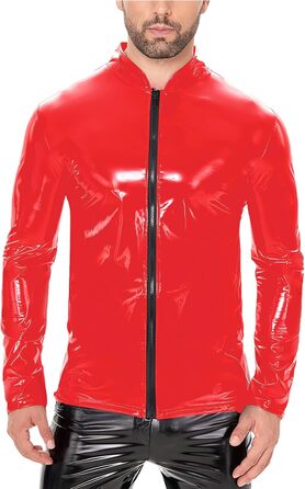 Латексна куртка для чоловіків Ausing з штучної шкіри, сексуальний ефект мокрого вигляду, облягаючий крій, з блискавкою, для танців, вечірок, карнавалу (червоний, XS)