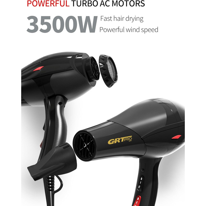 Професійний іонний фен для волосся 3500W з синім світлом, 2 швидкості, 3 температурні режими, дифузор та 2 концентратора для салонів та дому