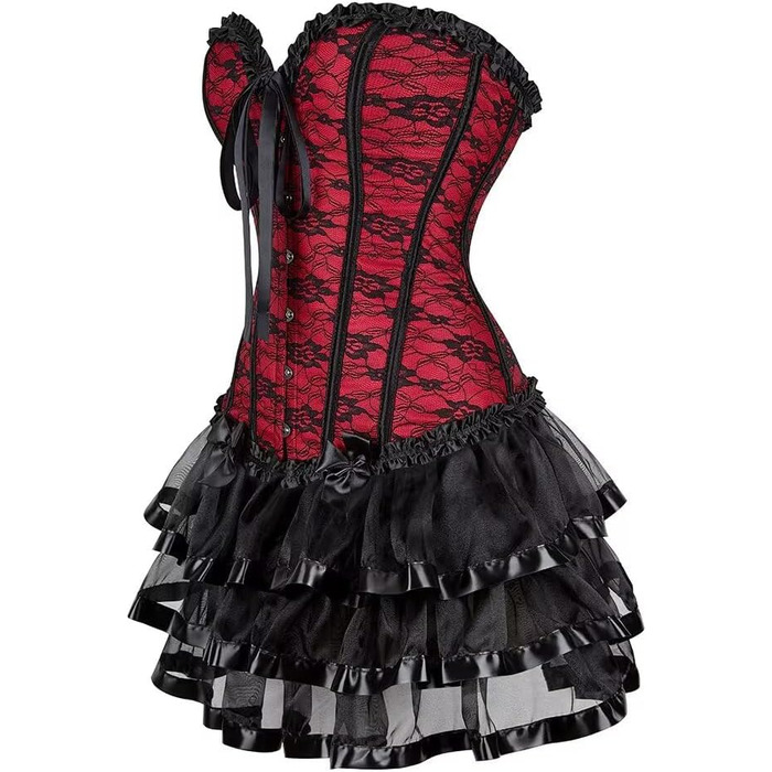 Сукня-корсет з корсетом, спідницею та корсажем, мереживо, шнурівка, сукня-корсаж, вінтажний стиль, сексуальний образ, для Хелловіну (XXS, червоно-чорний)
