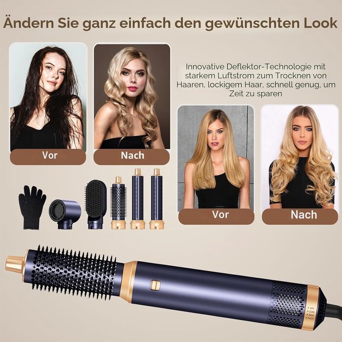 Мультистайлер для волосся 5 в 1 UKLISS Airstyler: фен, вирівнювач, гофре та круглі щітки для укладки, чорний з синім