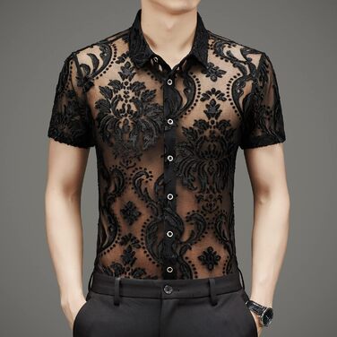 Прозора сорочка для чоловіків та жінок, сексуальна, з короткими рукавами, для нічного клубу, мереживна сорочка-сітка L CS02