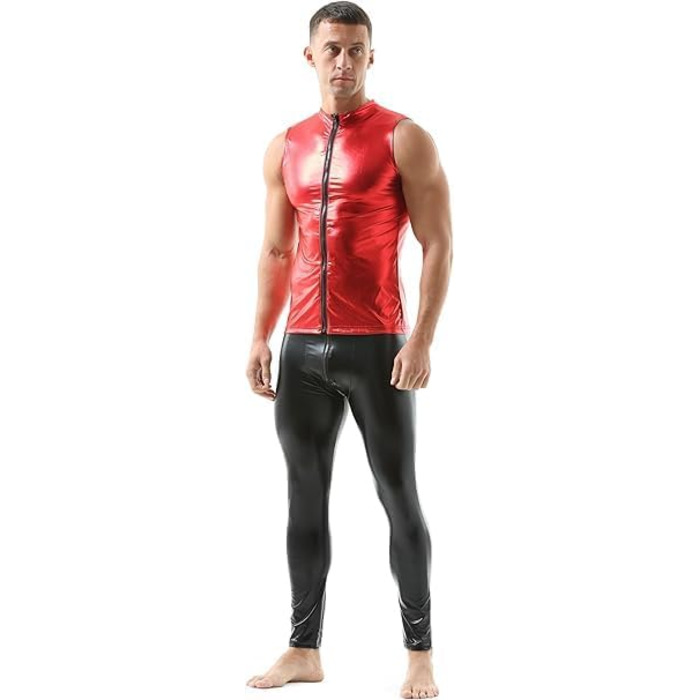 Чоловічі штани-легінси з екошкіри QiaTi, чорні, на блискавці, облягаючі