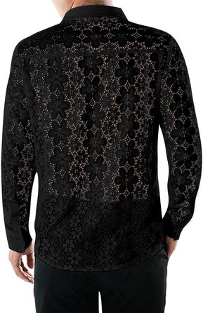 Чоловіча прозора сорочка з квітковим принтом Crongless, мереживо, застібка на ґудзики, довгі рукави, повсякденна сорочка для вечірок (XXL, чорний)