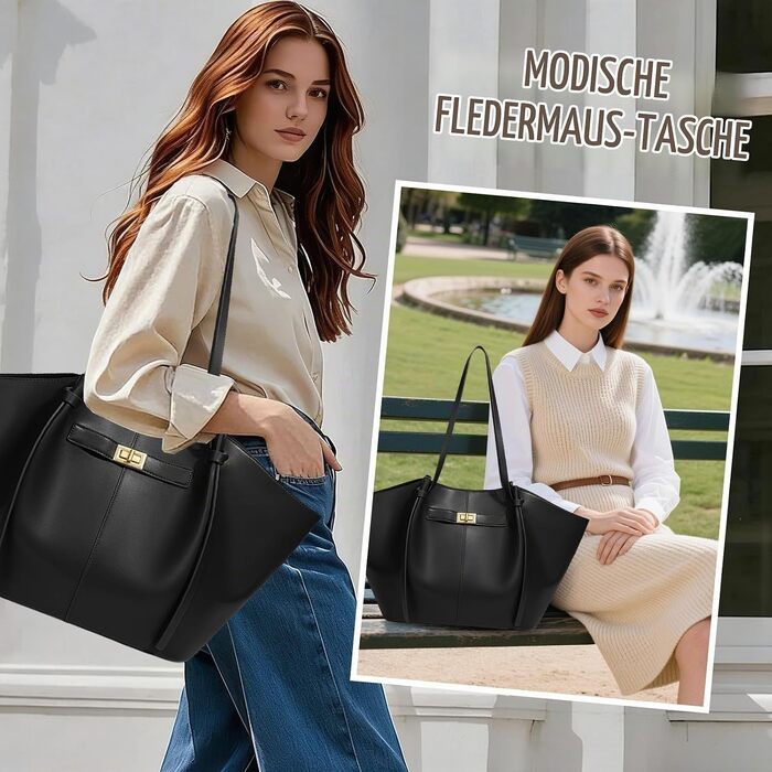 Жіноча сумка-шопер Tote Bag великого розміру, шкіряна сумка на плече з від’ємним ременем, вінтажна сумка для роботи, офісу та подорожей (Чорна)