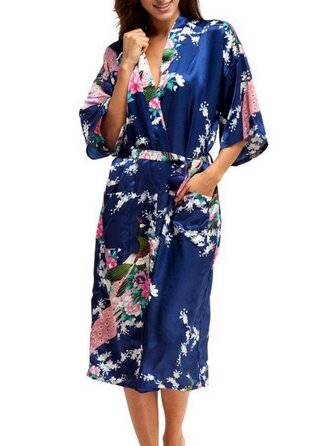 Халат жіночий атласний FEOYA літній з квітковим принтом павича, Кімно, Нічна сорочка, 3/4 рукав, Темно-синій, Розмір L