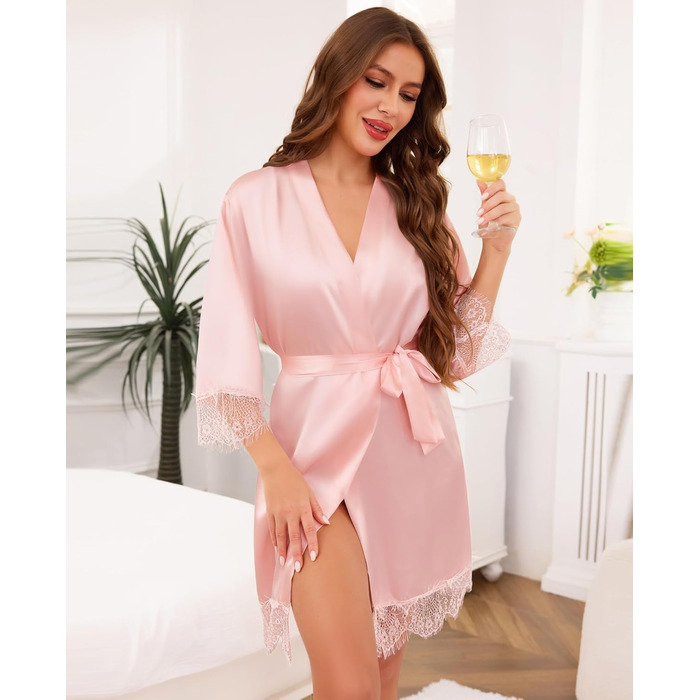 Халат жіночий Lovasy Satin з короткими рукавами, стиль кімоно, мереживо, рожевий для вечірки, весілля, піжами