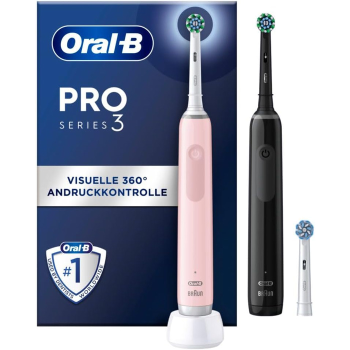 Електрична зубна щітка Oral-B PRO 3 3000, набір з 2 шт. (Night Black/Calm Pink), 3 смінні насадки
