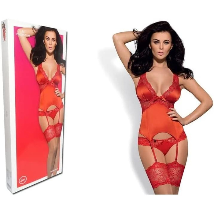 Сексуальний комплект спідньої білизни Obsessive: мереживний корсет-бра з бретелями та стрінги, подарункова коробка (L-XL, Червоний)