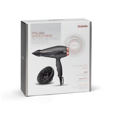Фен для волосся BaByliss Smooth Pro 6709DE з дифузором, 2100 Вт, іонна технологія проти пухнання, 3 температурні режими, чорний