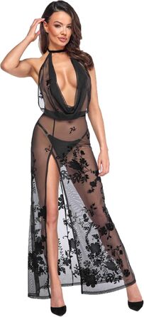 Чорна мереживна сукня-комбінезон з глибоким вирізом та розрізом для жінок, XL | Noir Handmade