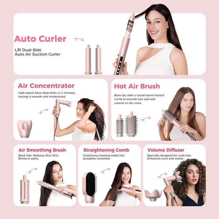 Мультистайлер для волосся 5 в 1 UKLISS Airstyler Pro 1000W: фен, круглі щітки для об'єму, плойка та випрямляч, Рожевий