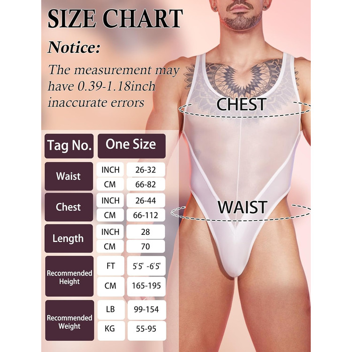 Боді для чоловіків AIEOE: прозорий боді, топ, майка, під одяг, без рукавів, труси-танга (білий)