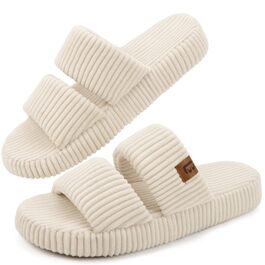 Жіночі домашні капці LongBay з ефектом пам'яті (Memory Foam), відкритий носок, зручні тапочки-сліпери з двома ремінцями, бежеві, розмір 38/39 EU