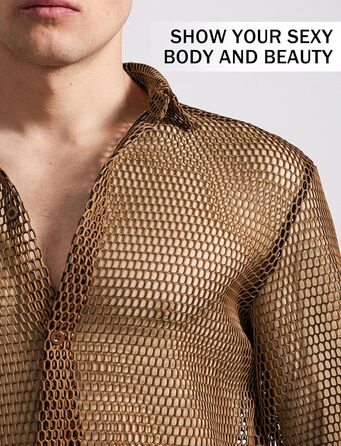 Чоловіча прозора сітчаста сорочка AIEOE: літня, мереживна, з довгим рукавом, для фестивалів, клубів, вечірок, костюм, коричневий