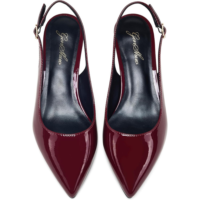 Жіночі елегантні туфлі-човники GENSHUO на низьких підборах (Kitten Heels) з відкритим задником, лакована шкіра, колір винно-червоний, розмір 42 EU
