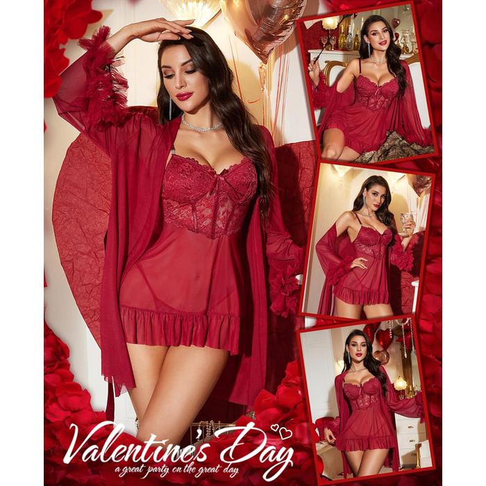 RSLOVE Комплект сексуальної білизни для жінок - мереживний комплект ніжної білизни Babydoll з халатом, 2-частинний, Negligee, нічна сорочка, бордовий