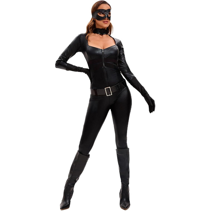 Латексний жіночий комбінезон-кальсони з відкритим верхом, чорний. Комплект з рукавичками, маскою та поясом. Сексуальний латексний костюм для дорослих.