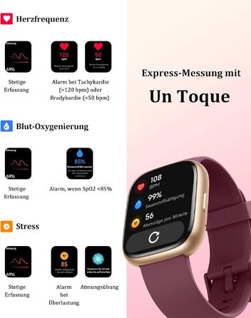 Смарт-годинник KALINCO для чоловіків та жінок: Bluetooth-дзвінки, вимірювання тиску, пульсу, SpO2, стресу, 100+ спортивних режимів, аналіз сну, сумісність з iOS та Android (Фіолетовий)