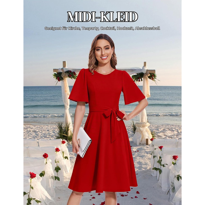 Елегантна жіноча сукня міді Bboninedress для коктейлів та вечірок, червона сукня з коротким рукавом та поясом для весіль та свят (XL, червоний)