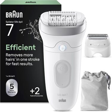 Епілятор Braun Silk-épil 7 (7-000) для жінок, електричний епілятор з широкою пінцетною головкою для вологого та сухого використання, білий/сріблястий